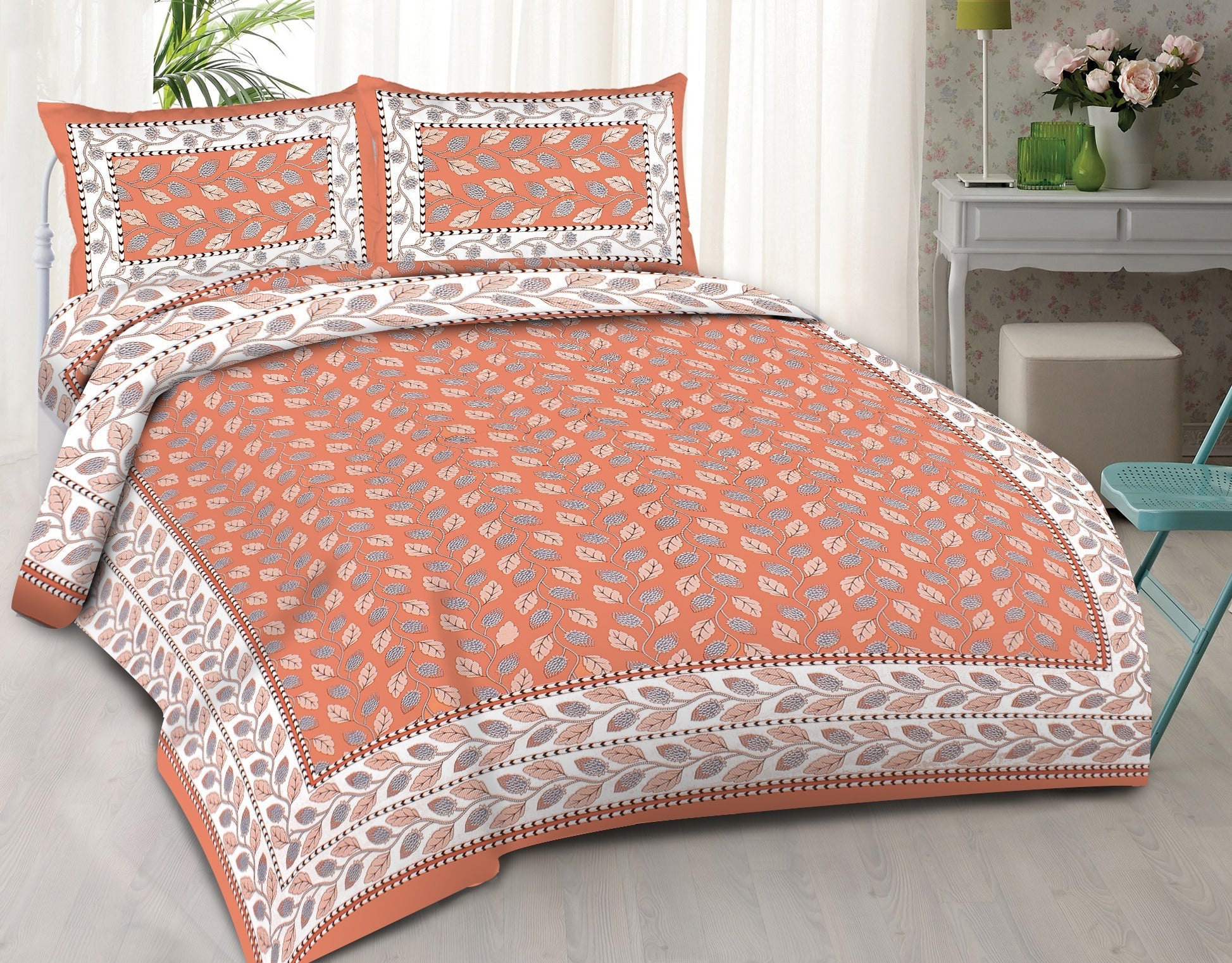 Rudra Bazaar Orange 210 TC Cotton Double King Bedsheet With 2 Pillow Covers | Grocsy