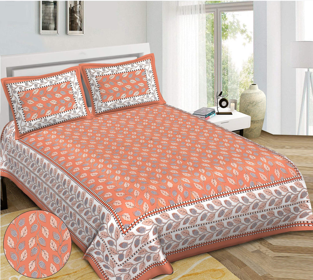 Rudra Bazaar Orange 210 TC Cotton Double King Bedsheet With 2 Pillow Covers | Grocsy