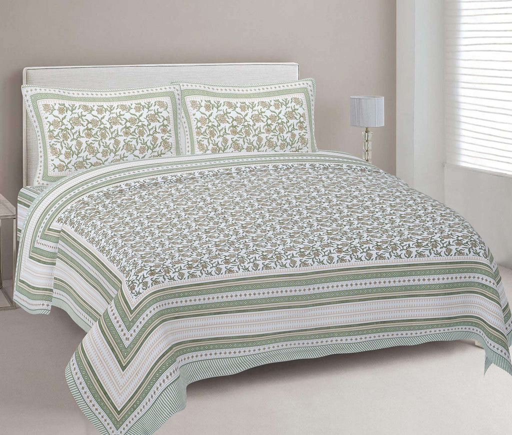 Rudra Bazaar Green 210 TC Cotton Double King Bedsheet With 2 Pillow Covers | Grocsy