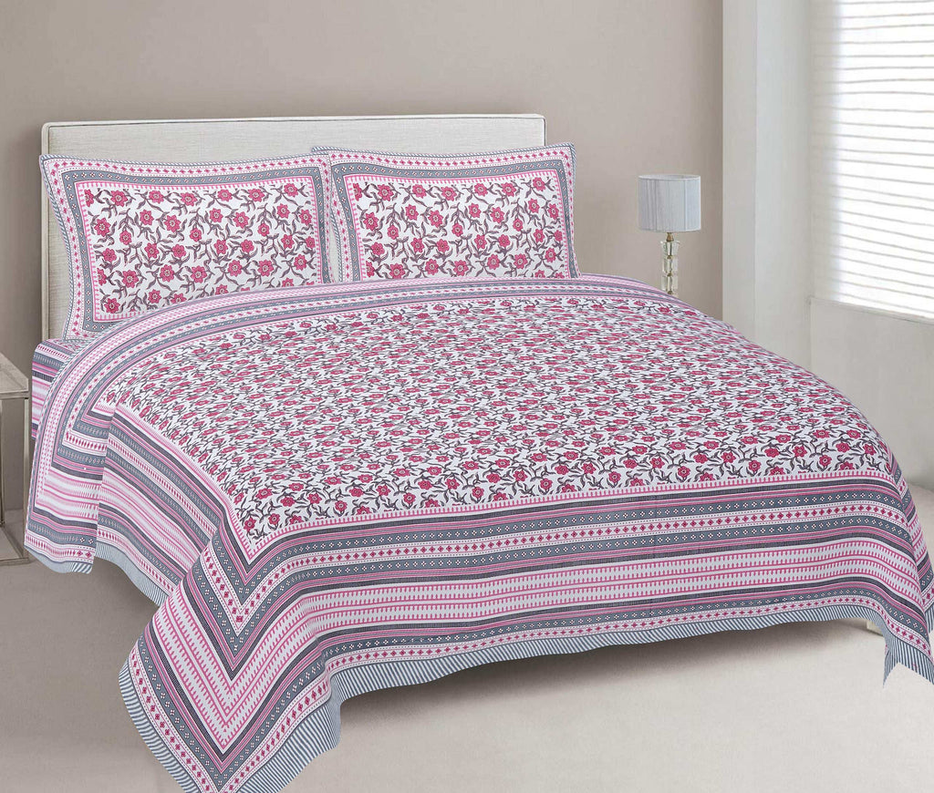 Rudra Bazaar Pink 210 TC Cotton Double King Bedsheet With 2 Pillow Covers | Grocsy
