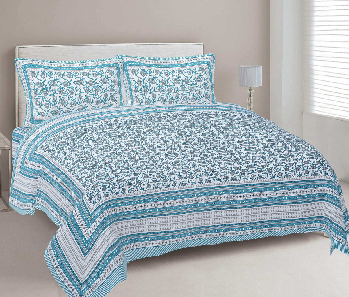 Rudra Bazaar Turquoise Blue 210 TC Cotton Double King Bedsheet With 2 Pillow Covers | Grocsy