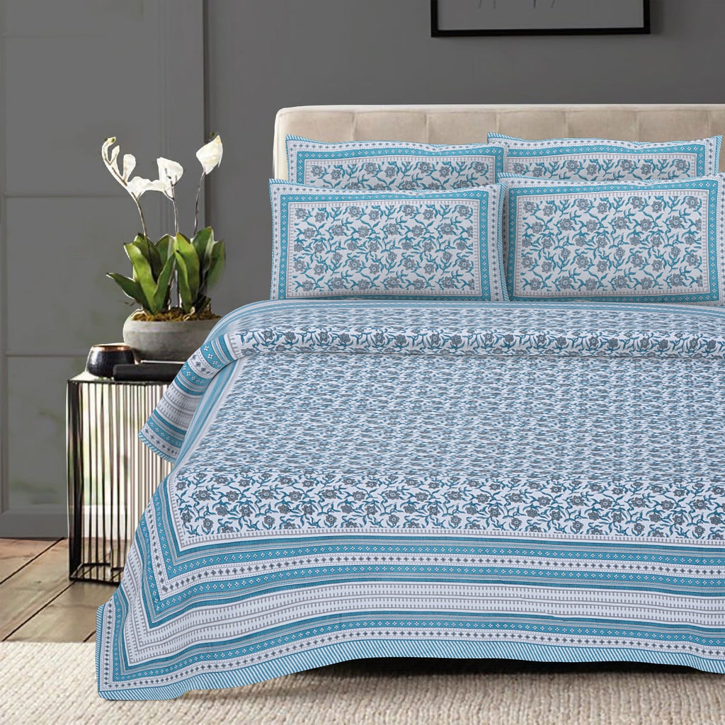 Rudra Bazaar Turquoise Blue 210 TC Cotton Double King Bedsheet With 2 Pillow Covers | Grocsy