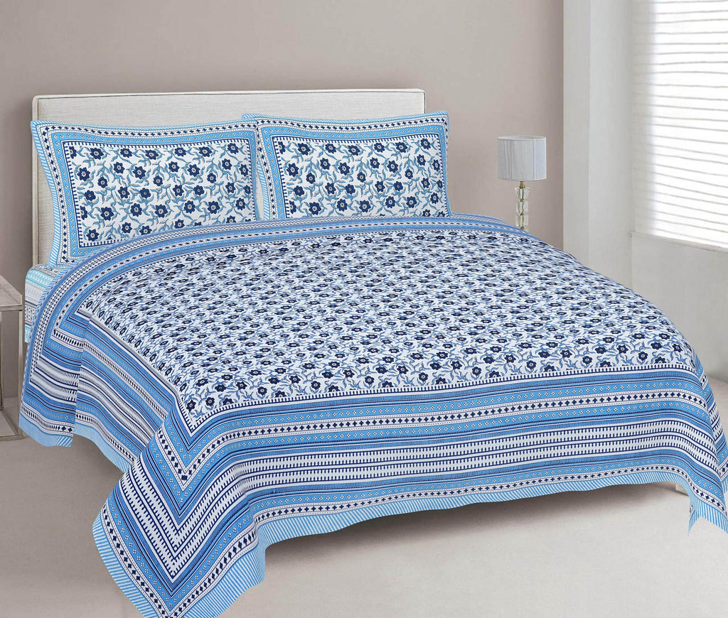 Rudra Bazaar Blue 210 TC Cotton Double King Bedsheet With 2 Pillow Covers | Grocsy