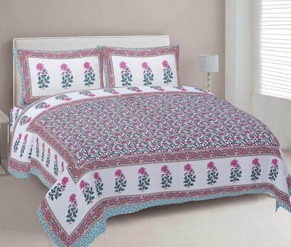 Rudra Bazaar Sea Green 210 TC Cotton Double King Bedsheet With 2 Pillow Covers | Grocsy