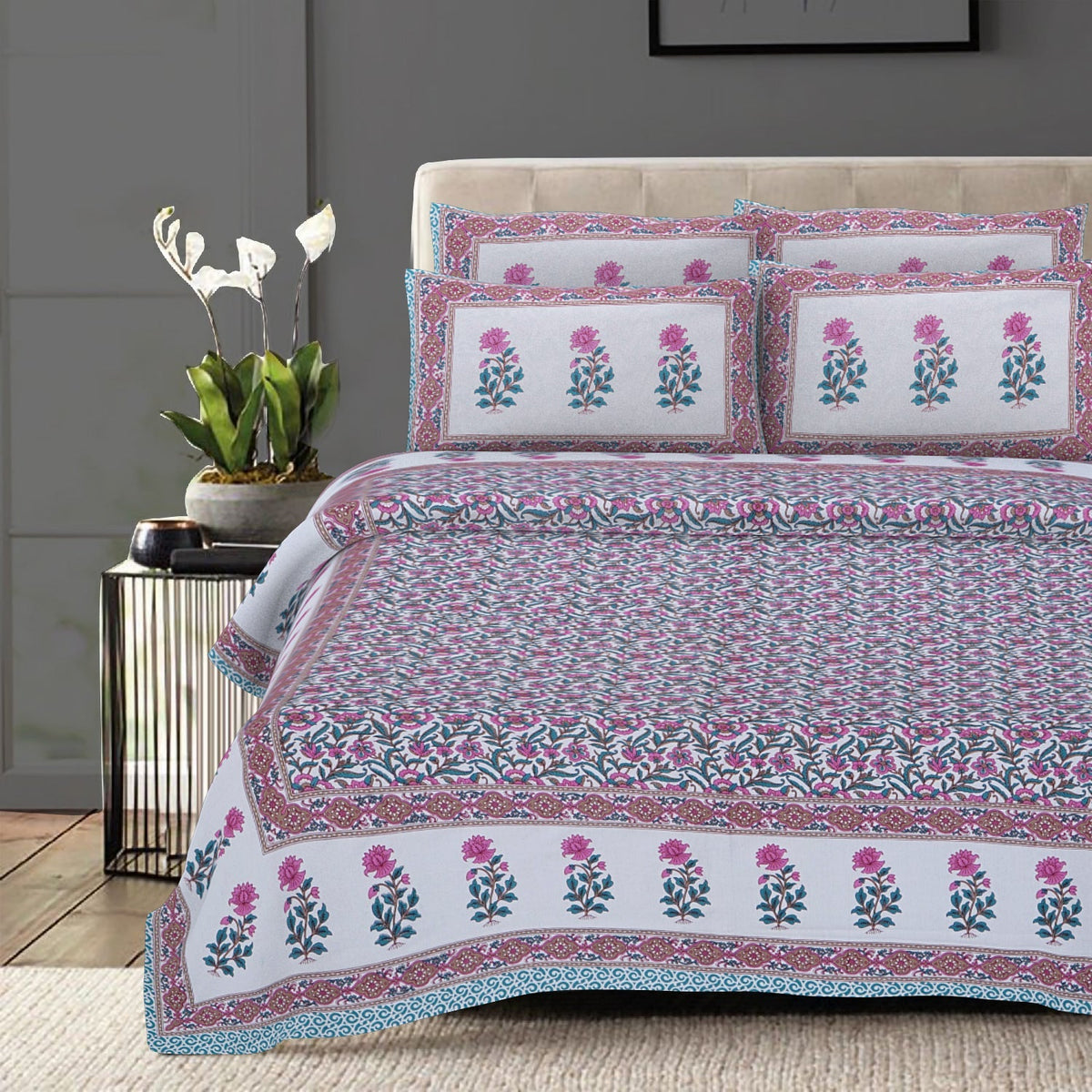 Rudra Bazaar Sea Green 210 TC Cotton Double King Bedsheet With 2 Pillow Covers | Grocsy