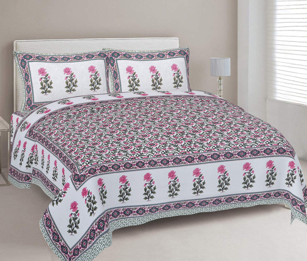 Rudra Bazaar Green 210 TC Cotton Double King Bedsheet With 2 Pillow Covers | Grocsy