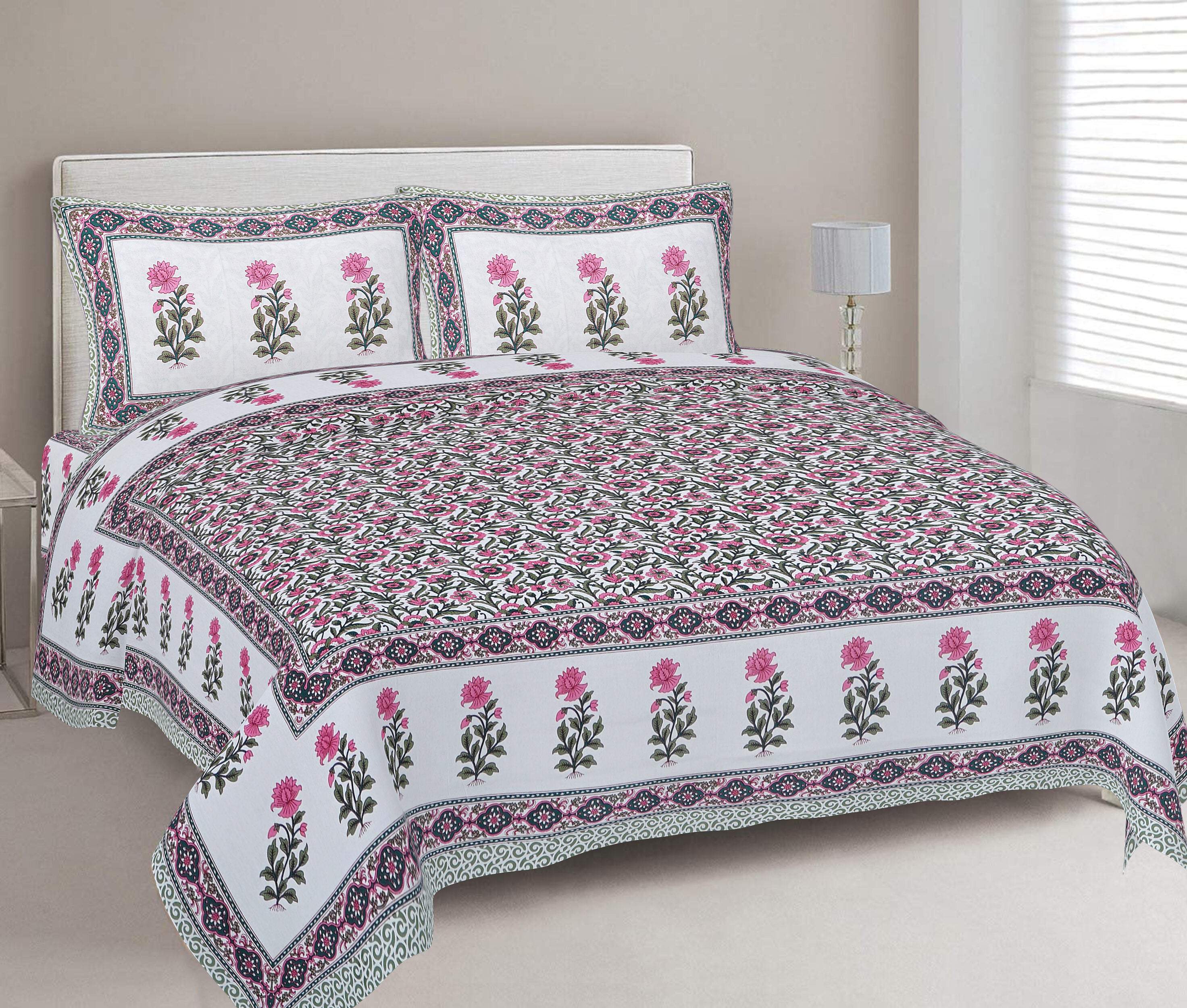 Rudra Bazaar Green 210 TC Cotton Double King Bedsheet With 2 Pillow Covers | Grocsy