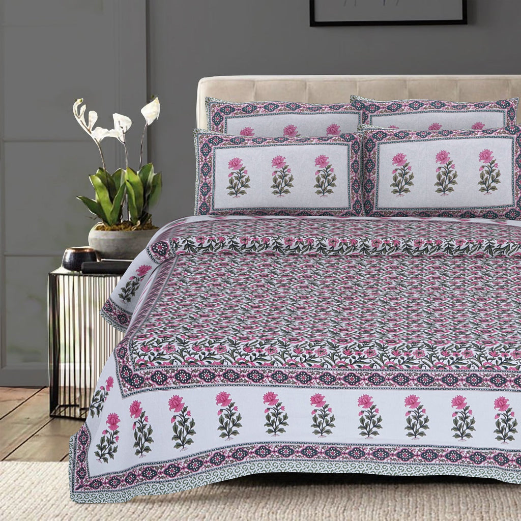 Rudra Bazaar Green 210 TC Cotton Double King Bedsheet With 2 Pillow Covers | Grocsy