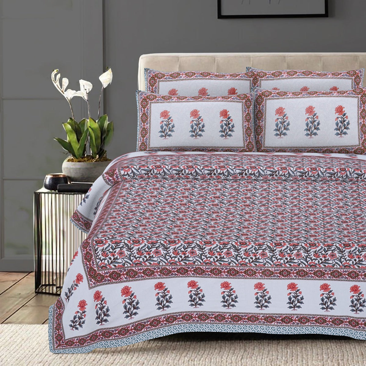 Rudra Bazaar Grey 210 TC Cotton Double King Bedsheet With 2 Pillow Covers | Grocsy
