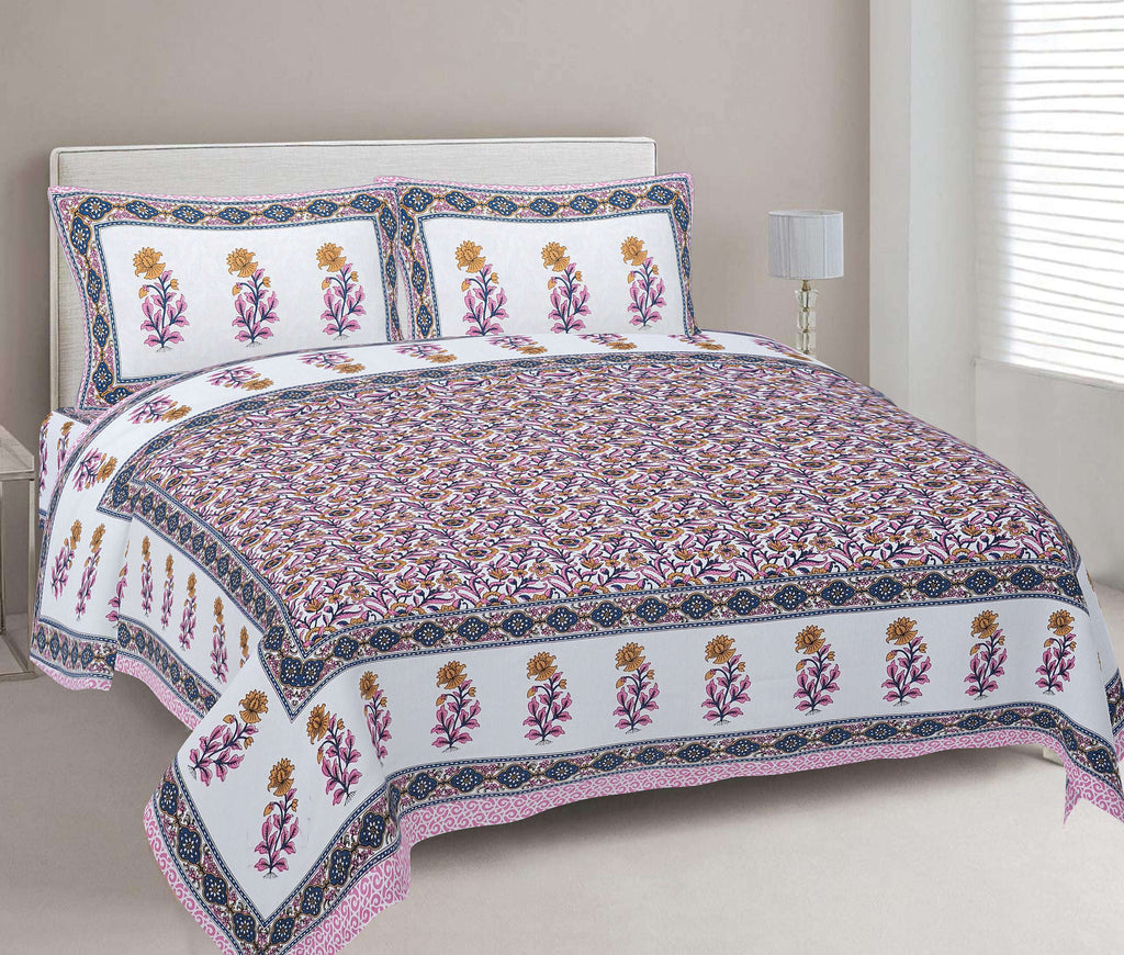 Rudra Bazaar Pink 210 TC Cotton Double King Bedsheet With 2 Pillow Covers | Grocsy