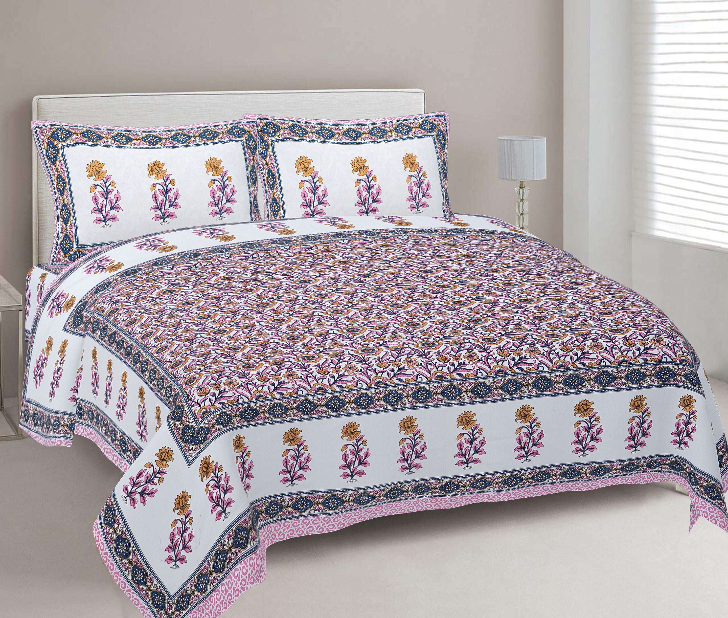 Rudra Bazaar Pink 210 TC Cotton Double King Bedsheet With 2 Pillow Covers | Grocsy