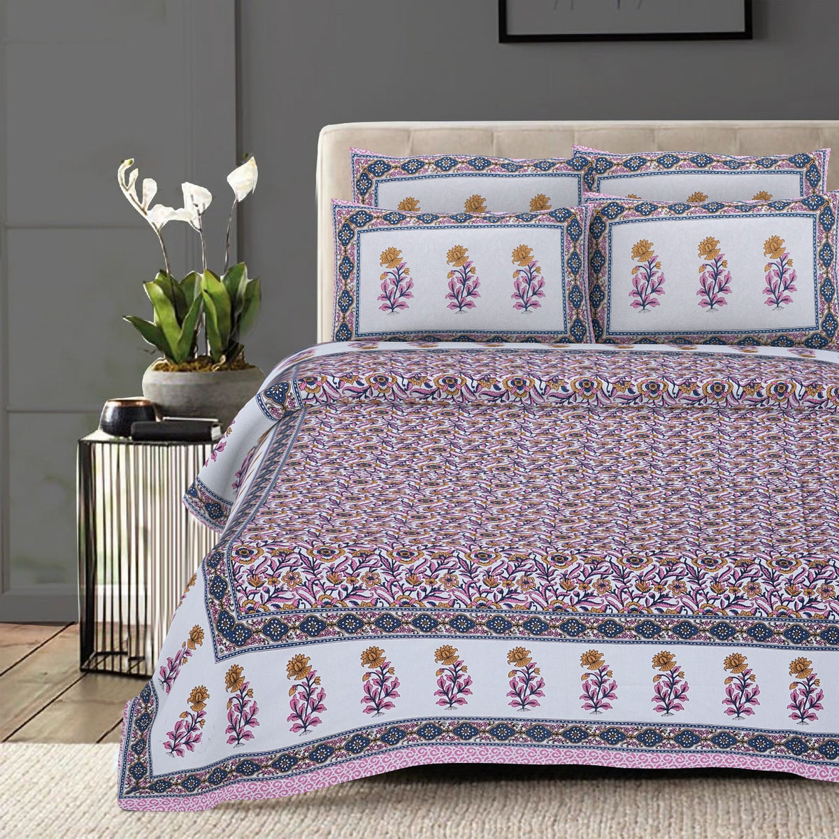 Rudra Bazaar Pink 210 TC Cotton Double King Bedsheet With 2 Pillow Covers | Grocsy