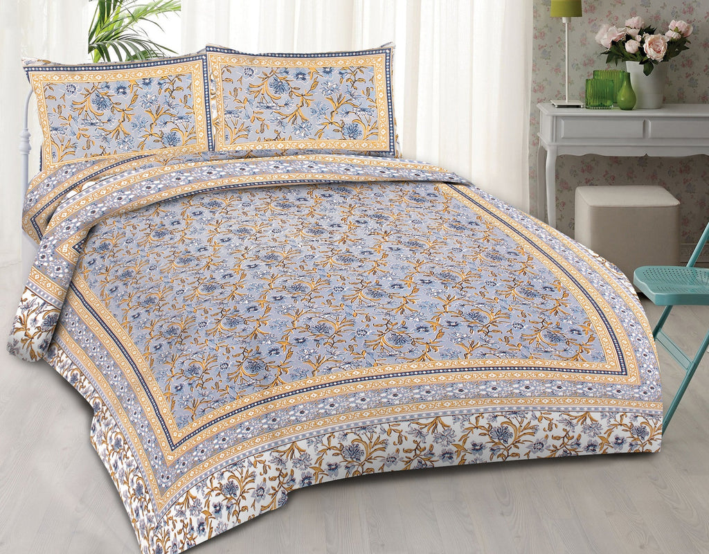 Rudra Bazaar Blue 210 TC Cotton Double King Bedsheet With 2 Pillow Covers | Grocsy