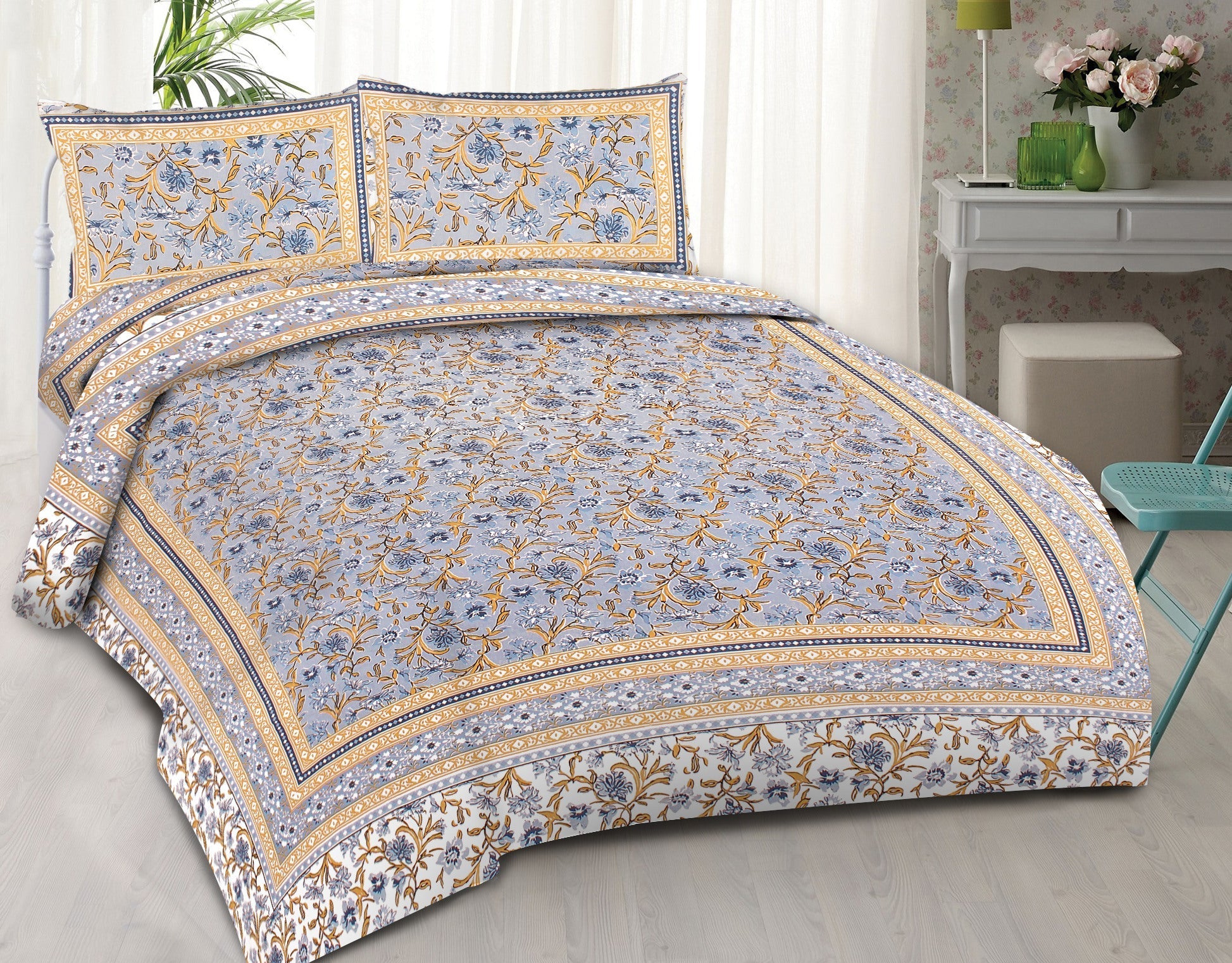 Rudra Bazaar Blue 210 TC Cotton Double King Bedsheet With 2 Pillow Covers | Grocsy