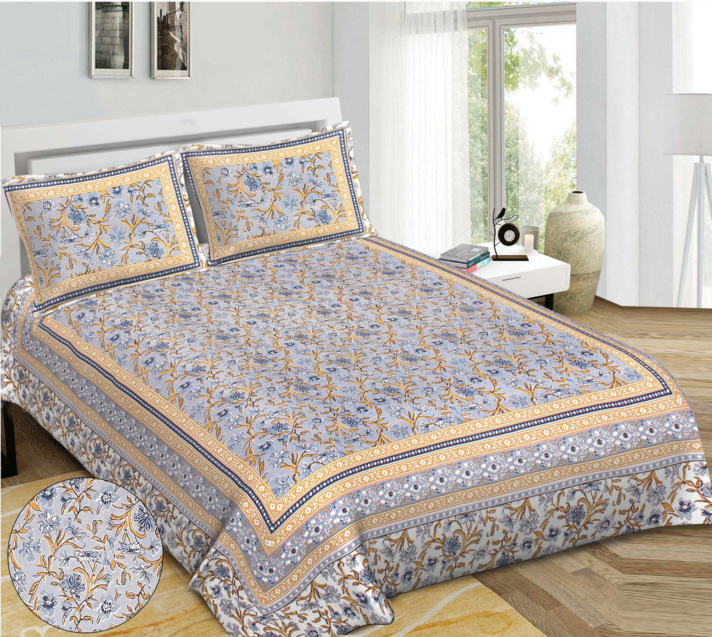Rudra Bazaar Blue 210 TC Cotton Double King Bedsheet With 2 Pillow Covers | Grocsy