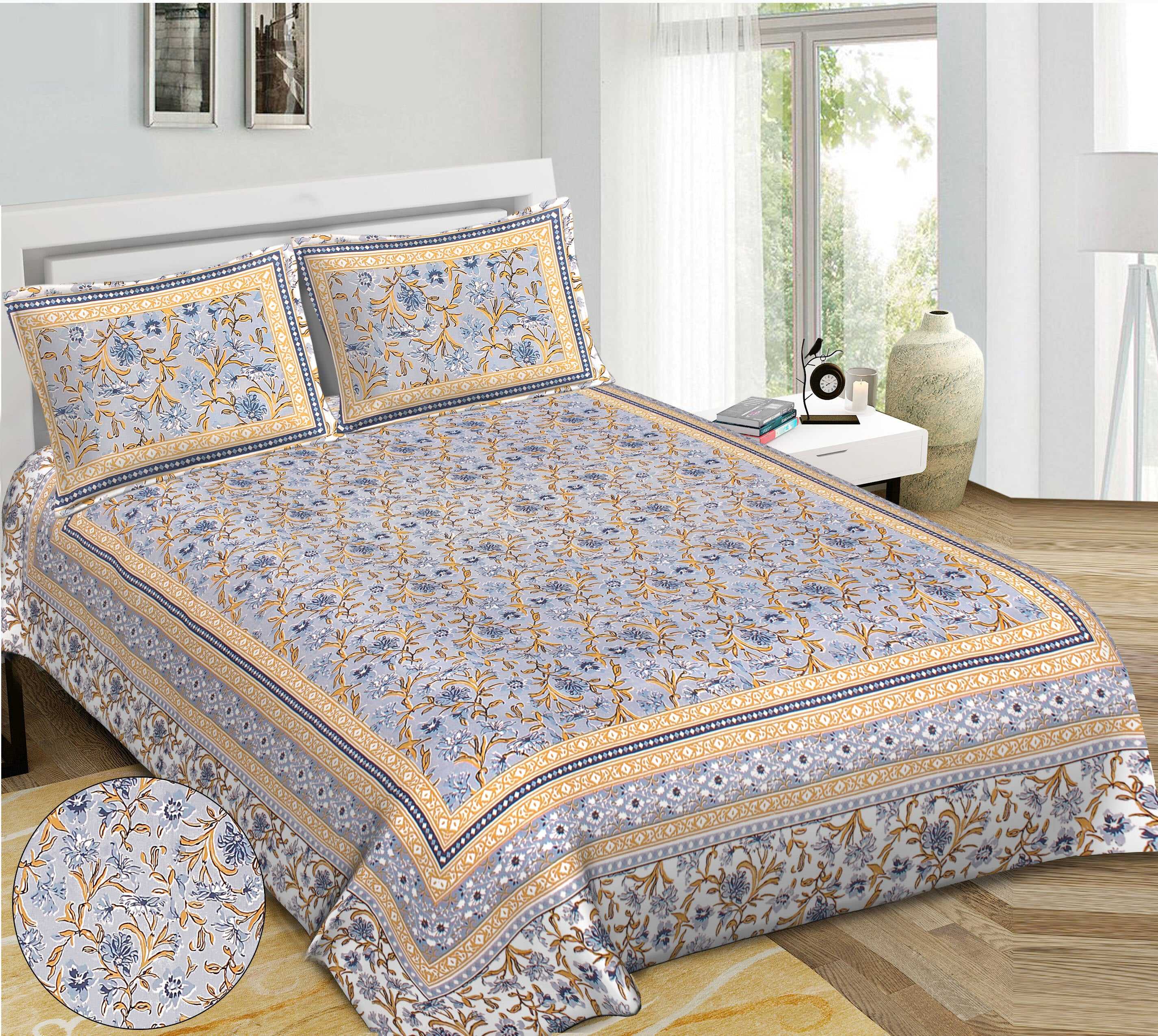Rudra Bazaar Blue 210 TC Cotton Double King Bedsheet With 2 Pillow Covers | Grocsy