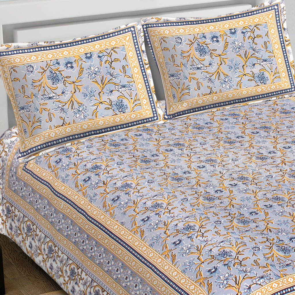 Rudra Bazaar Blue 210 TC Cotton Double King Bedsheet With 2 Pillow Covers | Grocsy