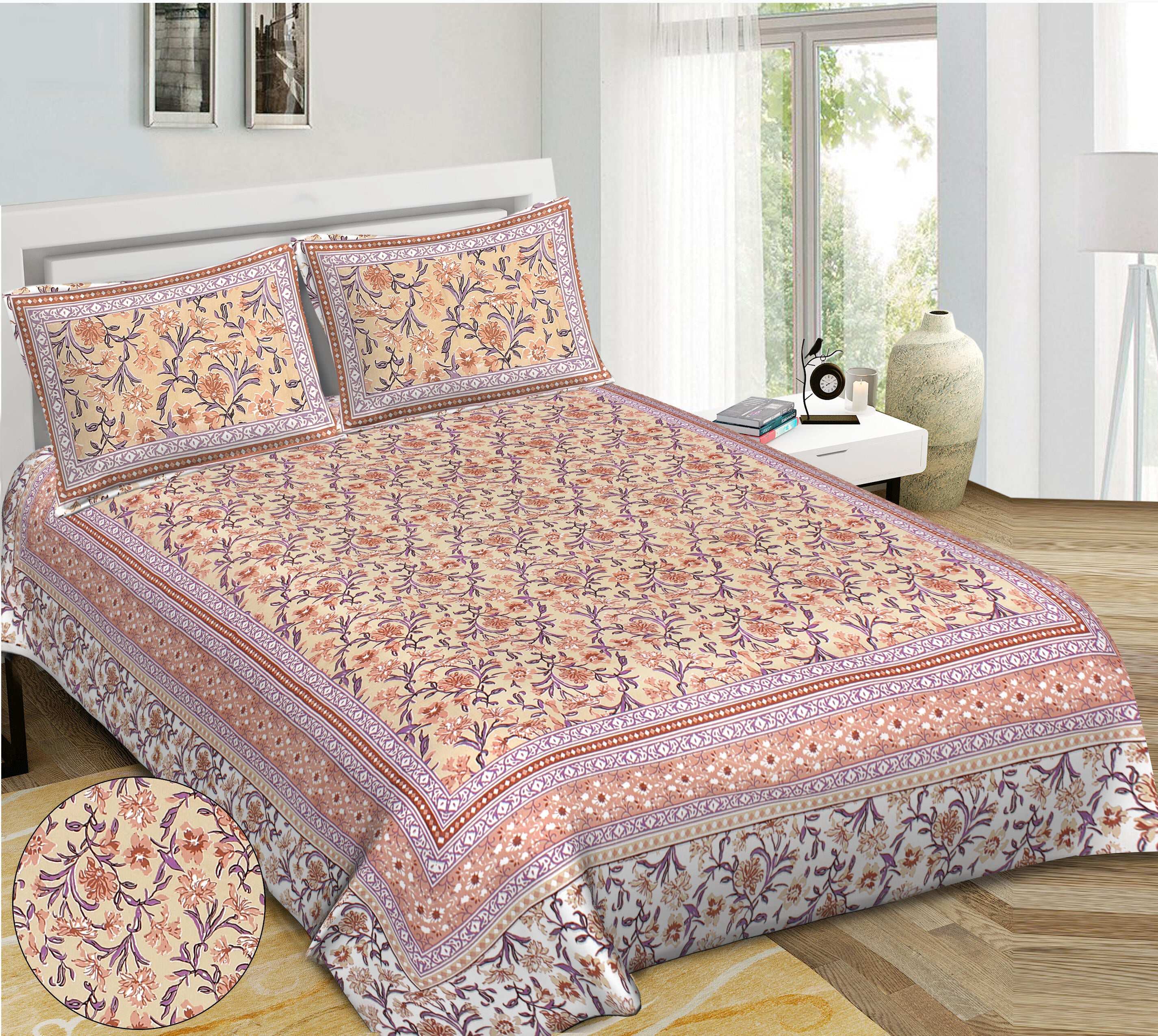 Rudra Bazaar Brown 210 TC Cotton Double King Bedsheet With 2 Pillow Covers | Grocsy
