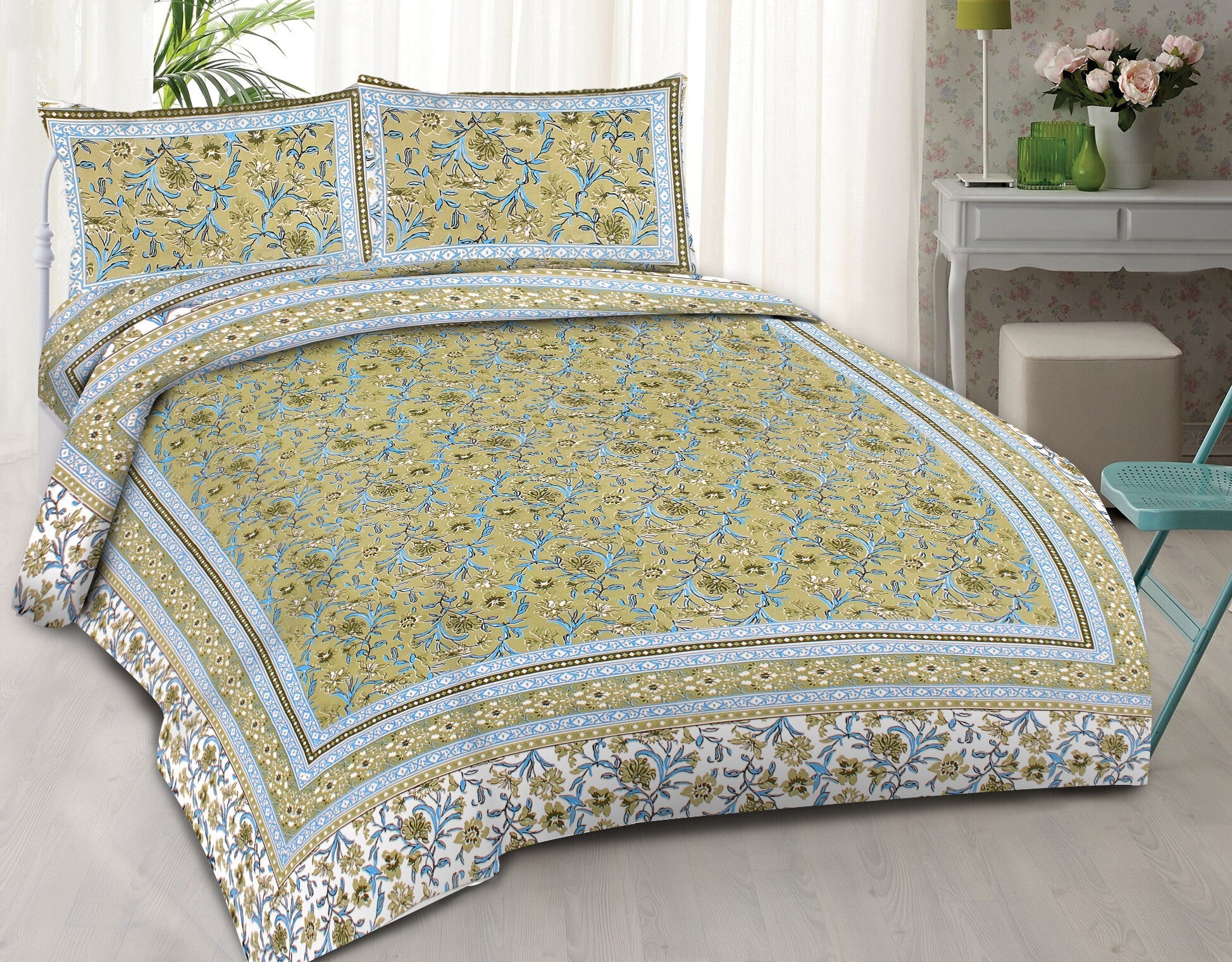 Rudra Bazaar Green 210 TC Cotton Double King Bedsheet With 2 Pillow Covers | Grocsy