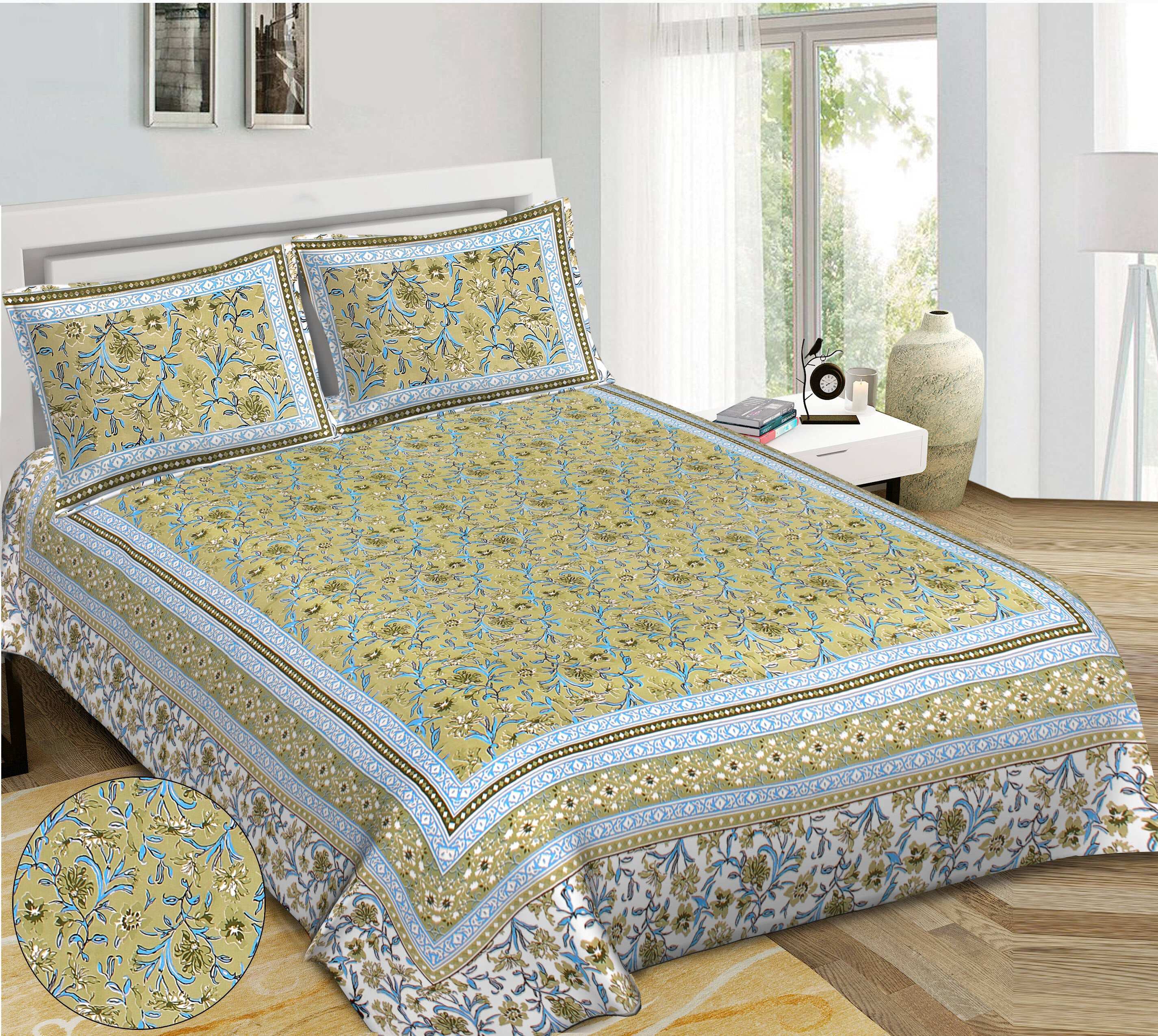 Rudra Bazaar Green 210 TC Cotton Double King Bedsheet With 2 Pillow Covers | Grocsy