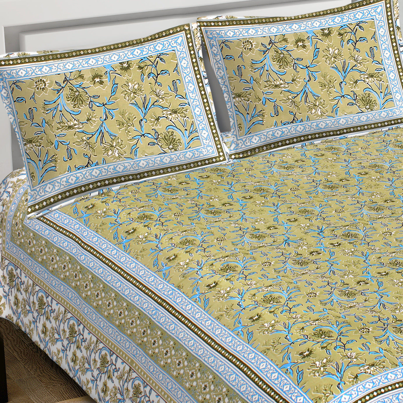 Rudra Bazaar Green 210 TC Cotton Double King Bedsheet With 2 Pillow Covers | Grocsy