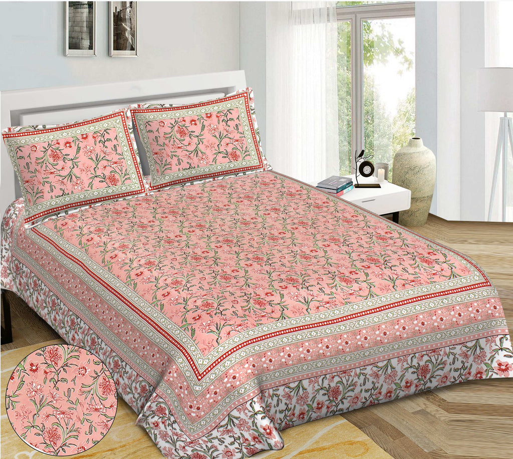 Rudra Bazaar Pink 210 TC Cotton Double King Bedsheet With 2 Pillow Covers | Grocsy