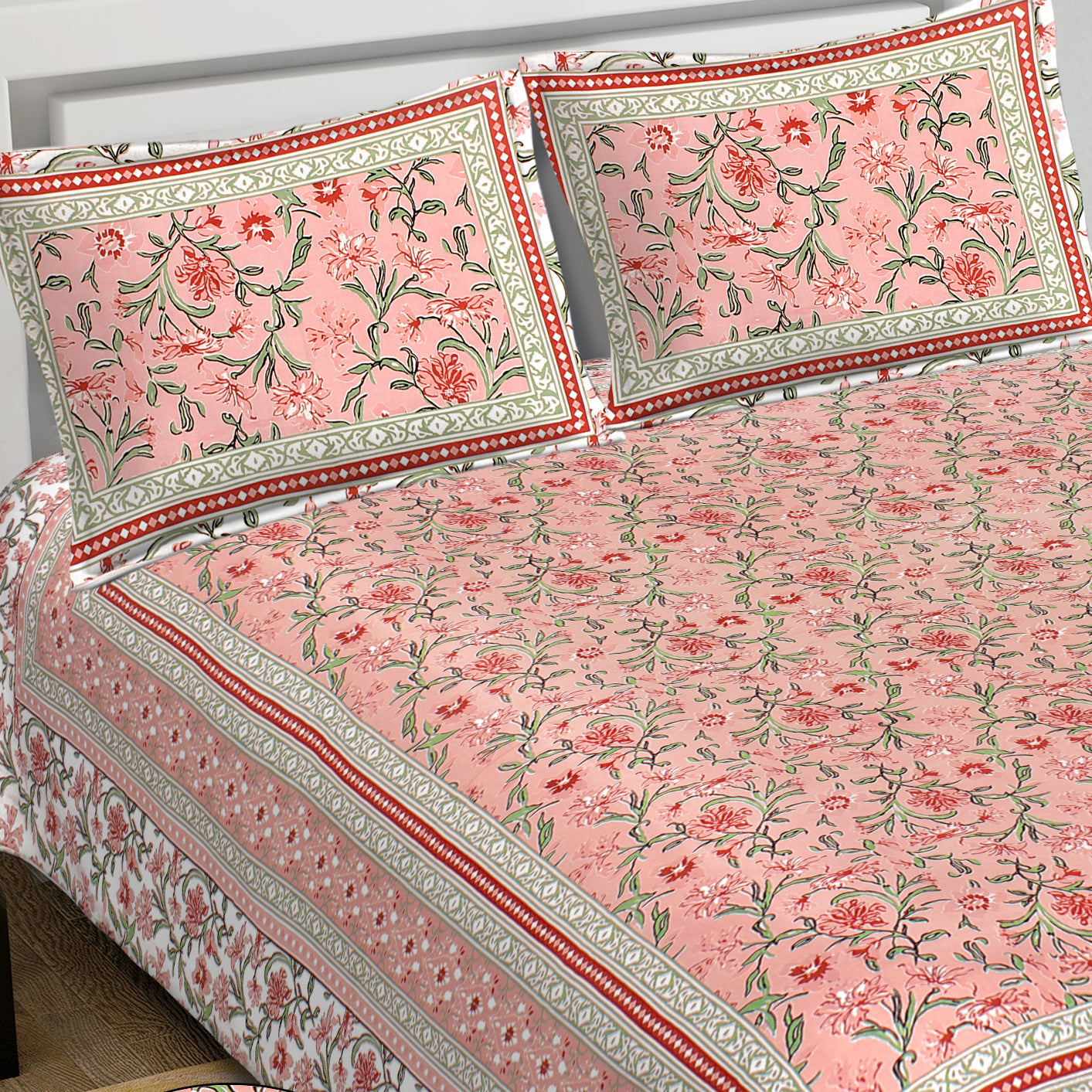 Rudra Bazaar Pink 210 TC Cotton Double King Bedsheet With 2 Pillow Covers | Grocsy