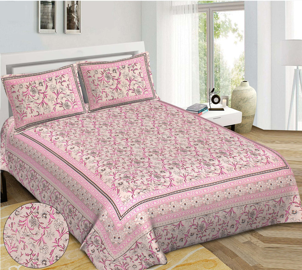 Rudra Bazaar Pink 210 TC Cotton Double King Bedsheet With 2 Pillow Covers | Grocsy