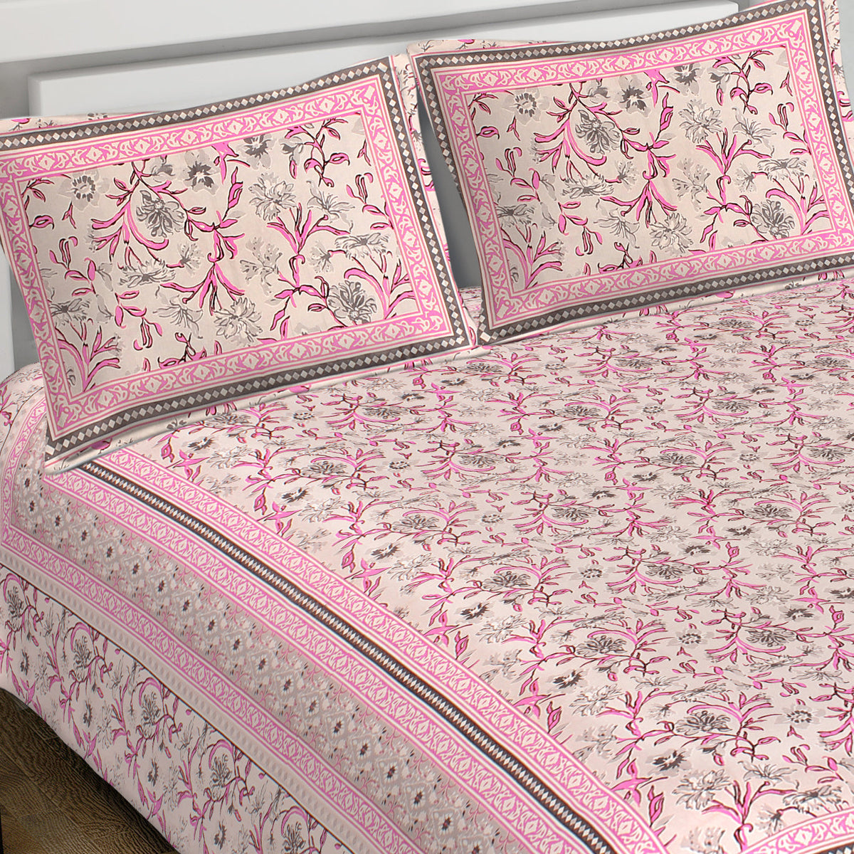 Rudra Bazaar Pink 210 TC Cotton Double King Bedsheet With 2 Pillow Covers | Grocsy