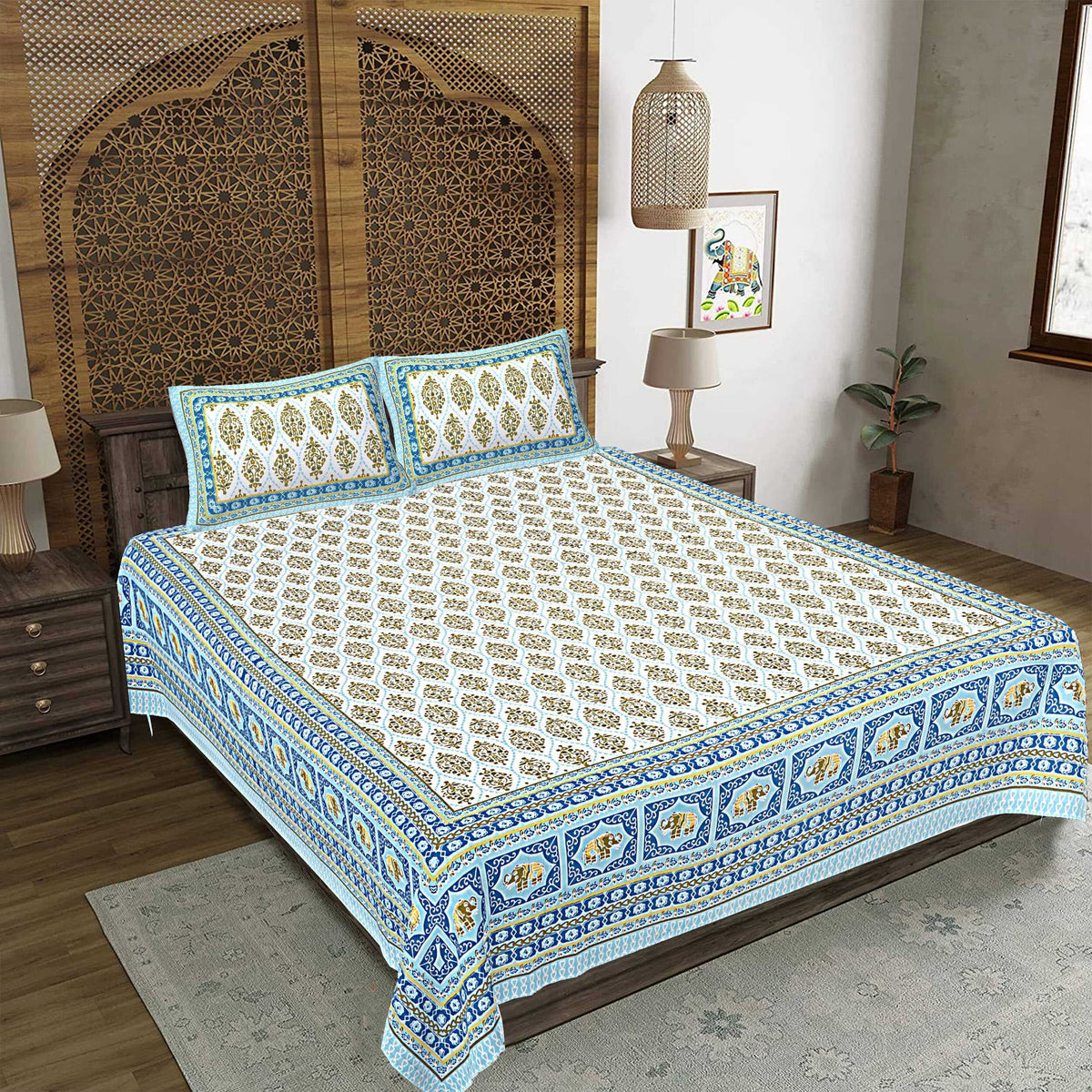 Rudra Bazaar Blue 210 TC Cotton Double King Bedsheet With 2 Pillow Covers | Grocsy