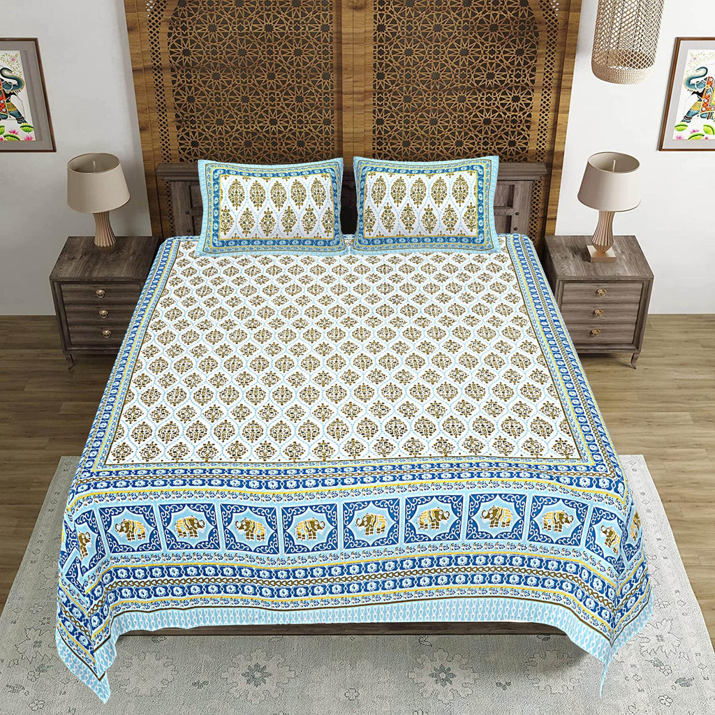Rudra Bazaar Blue 210 TC Cotton Double King Bedsheet With 2 Pillow Covers | Grocsy