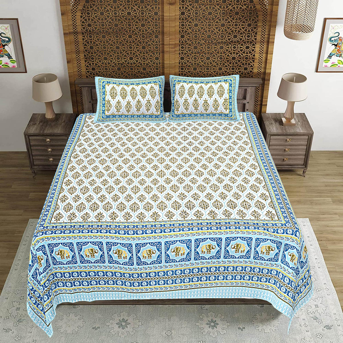 Rudra Bazaar Blue 210 TC Cotton Double King Bedsheet With 2 Pillow Covers | Grocsy