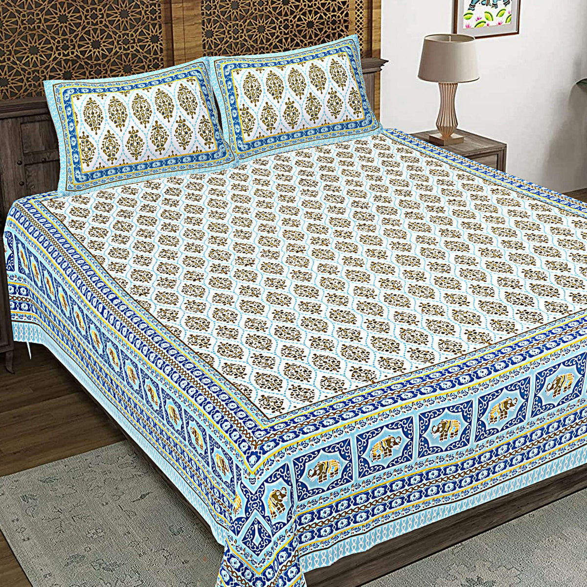 Rudra Bazaar Blue 210 TC Cotton Double King Bedsheet With 2 Pillow Covers | Grocsy