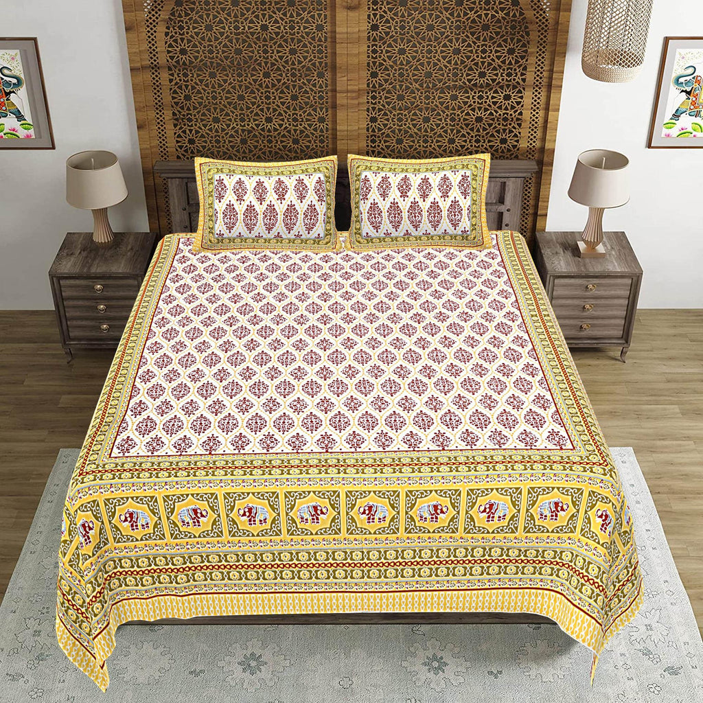 Rudra Bazaar Gold 210 TC Cotton Double King Bedsheet With 2 Pillow Covers | Grocsy