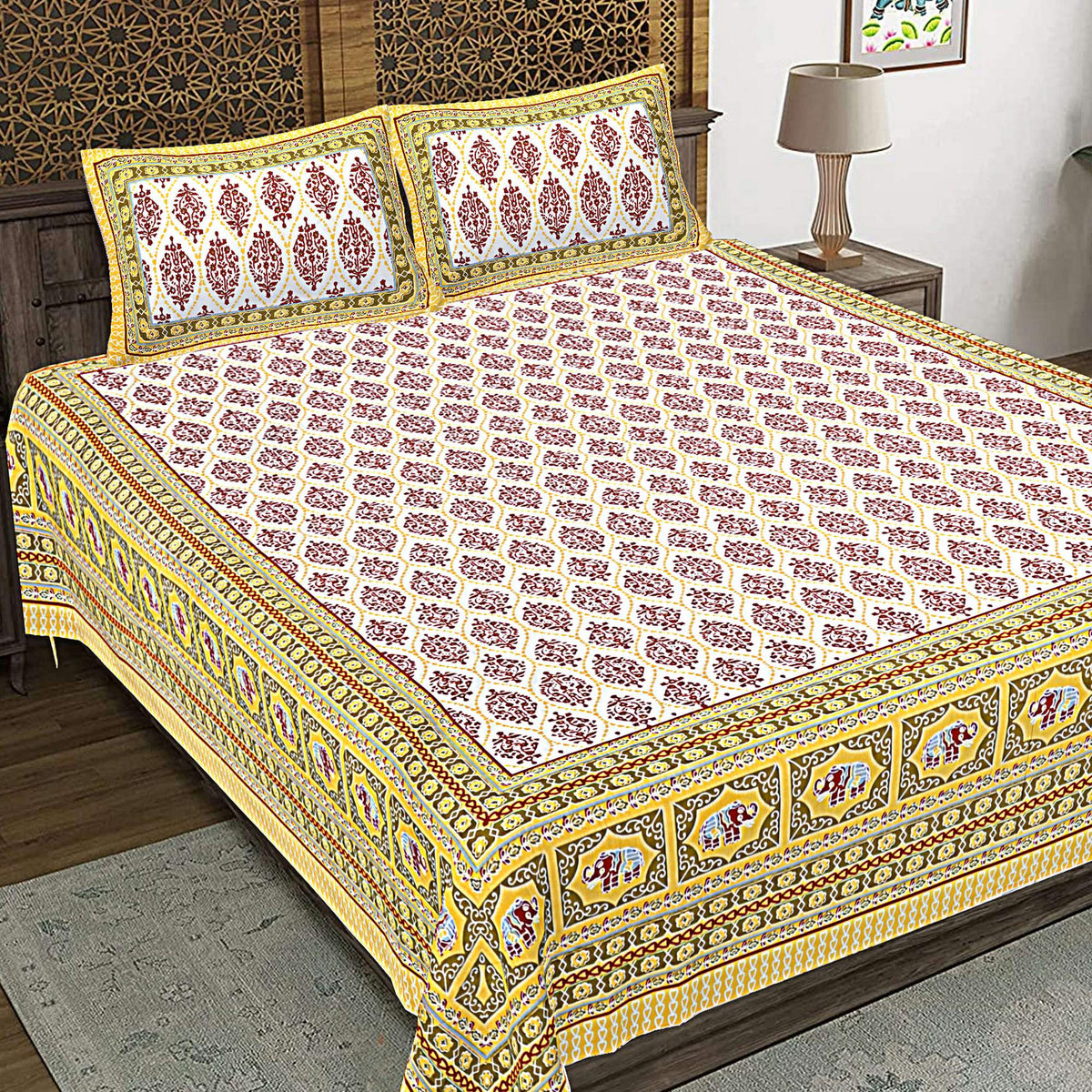 Rudra Bazaar Gold 210 TC Cotton Double King Bedsheet With 2 Pillow Covers | Grocsy