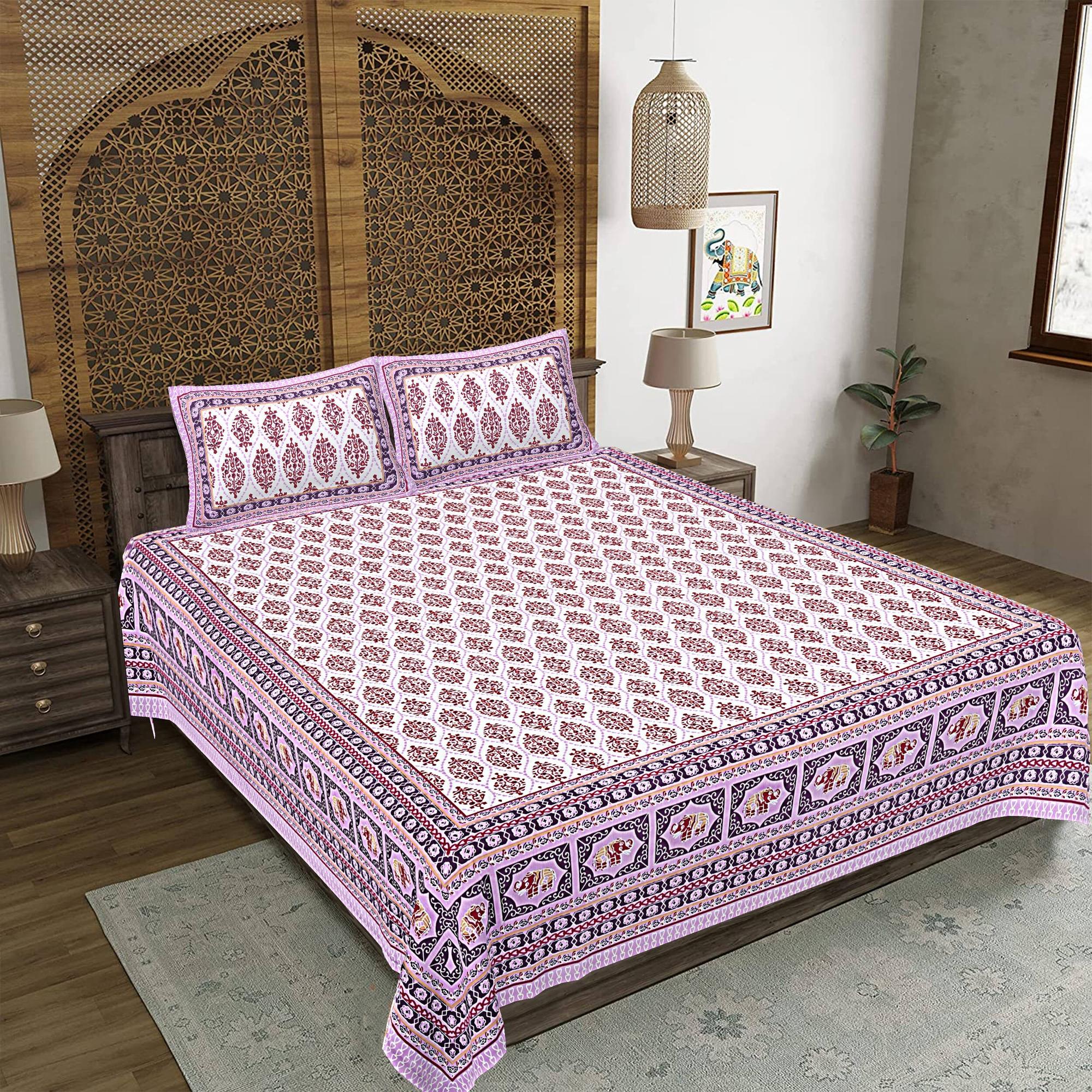 Rudra Bazaar Purple 210 TC Cotton Double King Bedsheet With 2 Pillow Covers | Grocsy