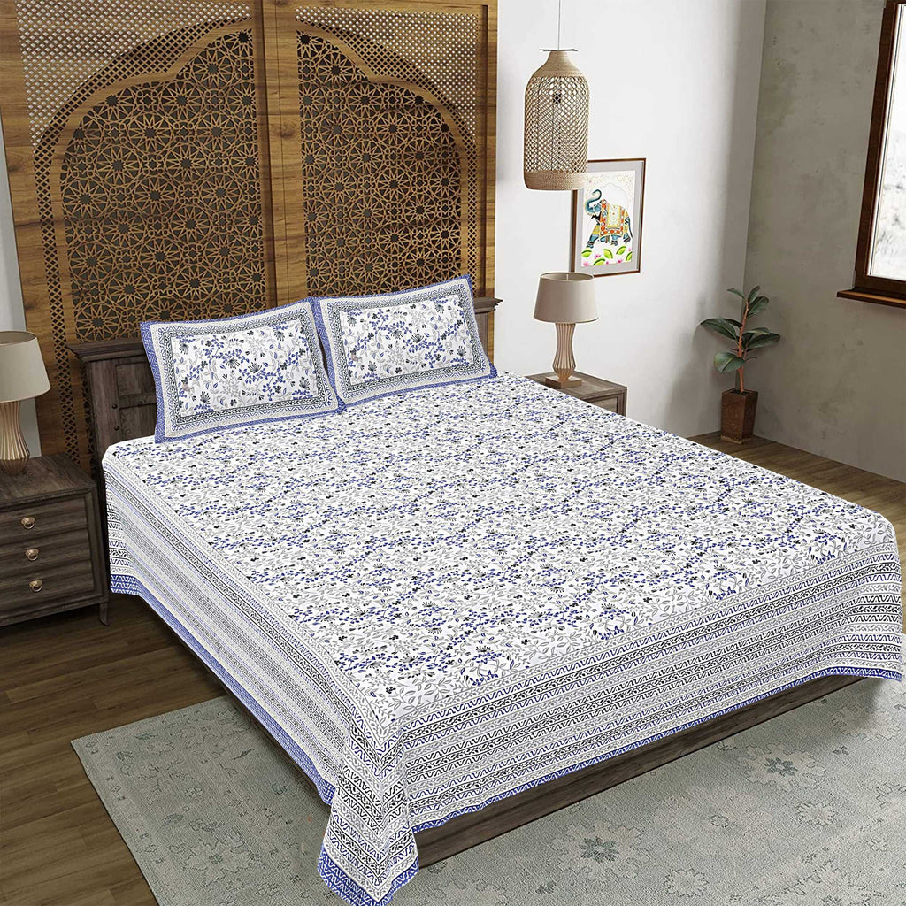Rudra Bazaar Blue 210 TC Cotton Double King Bedsheet With 2 Pillow Covers | Grocsy