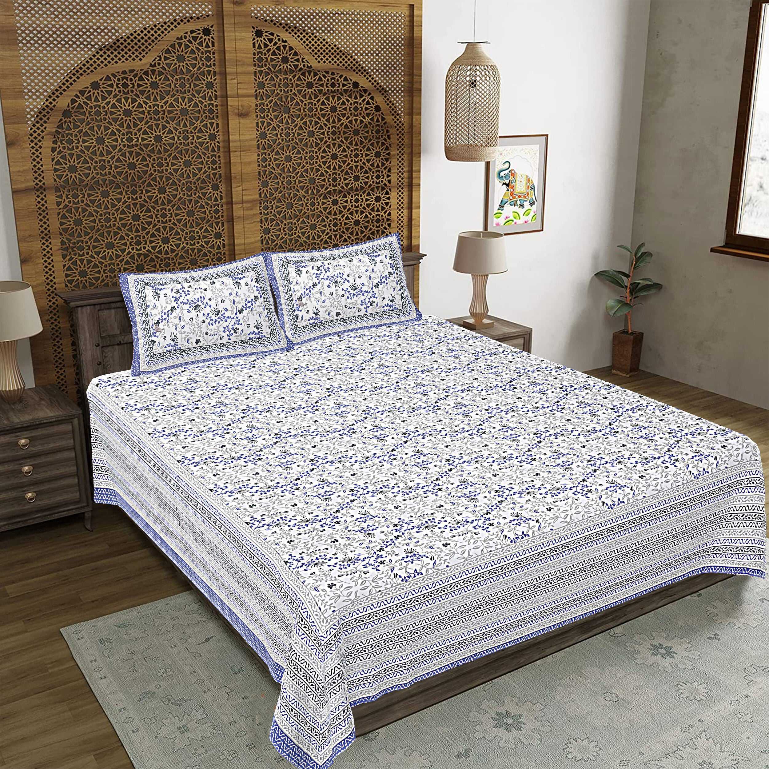 Rudra Bazaar Blue 210 TC Cotton Double King Bedsheet With 2 Pillow Covers | Grocsy