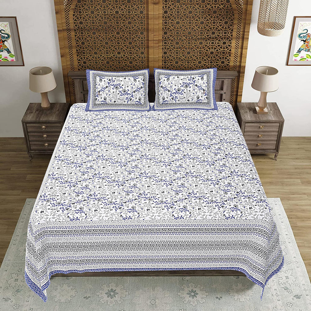 Rudra Bazaar Blue 210 TC Cotton Double King Bedsheet With 2 Pillow Covers | Grocsy