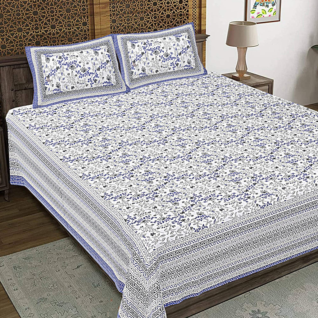 Rudra Bazaar Blue 210 TC Cotton Double King Bedsheet With 2 Pillow Covers | Grocsy