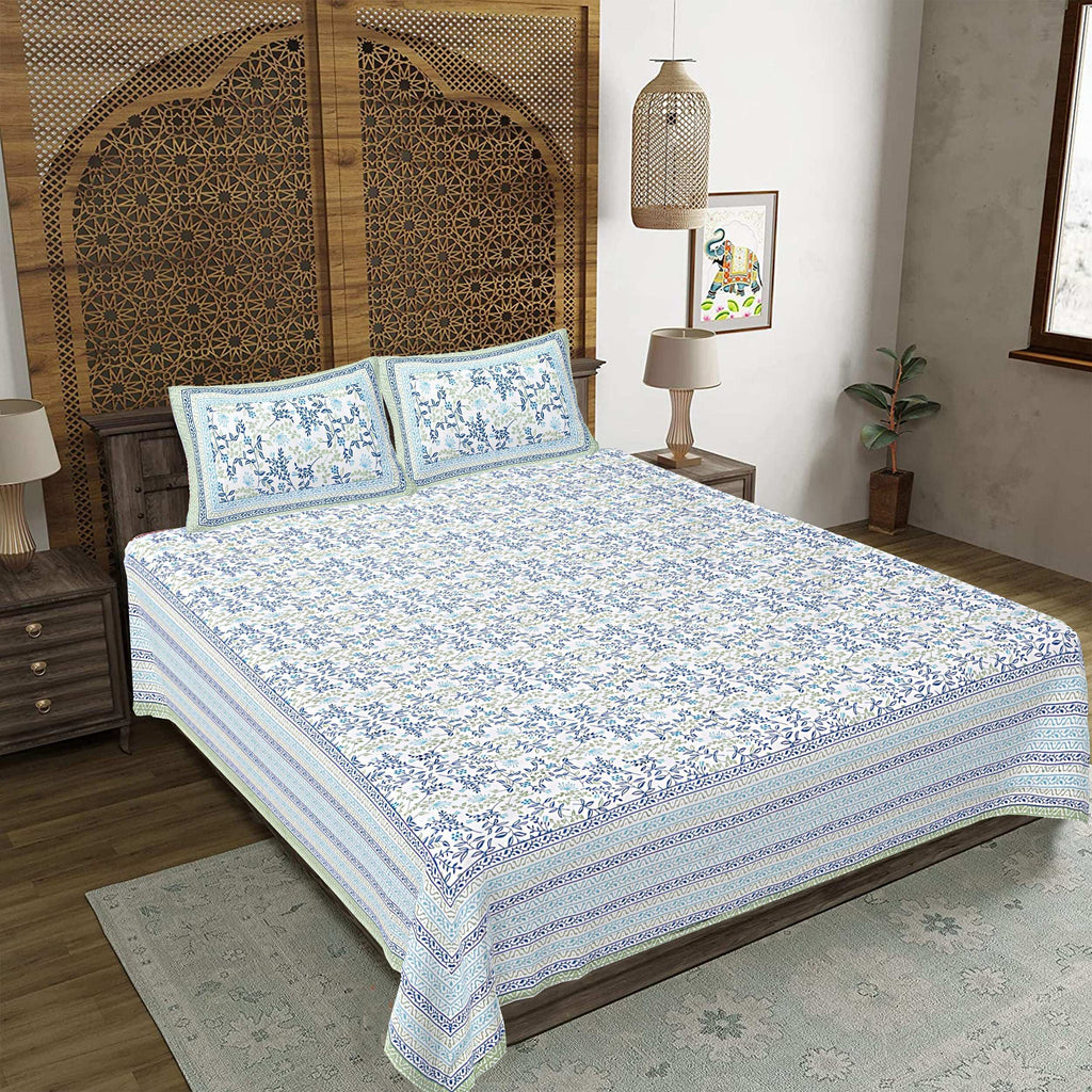 Rudra Bazaar Green 210 TC Cotton Double King Bedsheet With 2 Pillow Covers | Grocsy