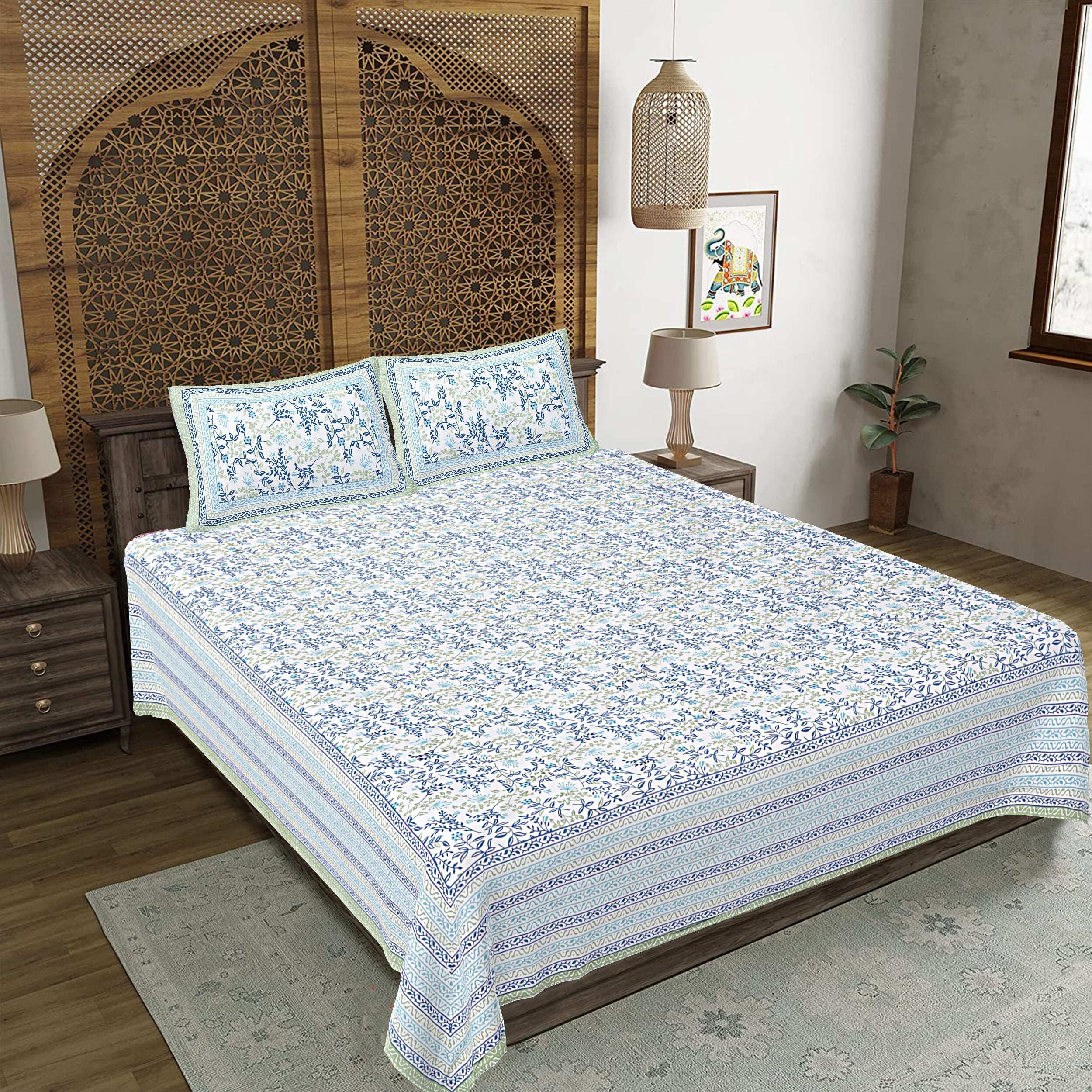 Rudra Bazaar Green 210 TC Cotton Double King Bedsheet With 2 Pillow Covers | Grocsy