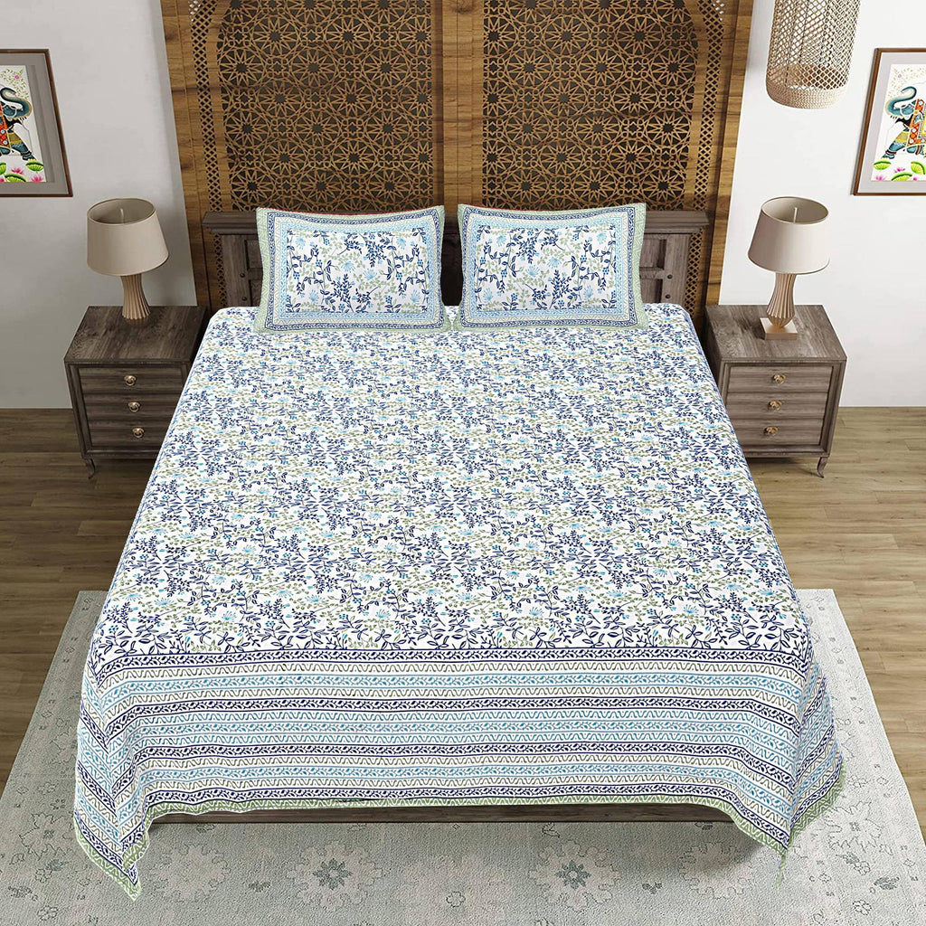 Rudra Bazaar Green 210 TC Cotton Double King Bedsheet With 2 Pillow Covers | Grocsy