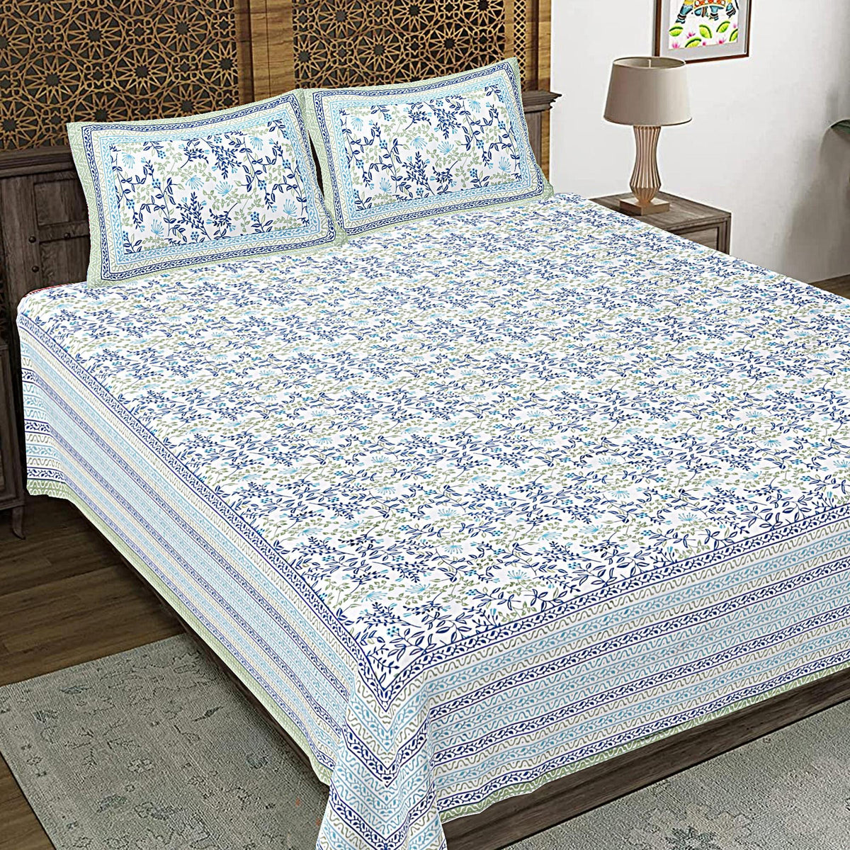 Rudra Bazaar Green 210 TC Cotton Double King Bedsheet With 2 Pillow Covers | Grocsy