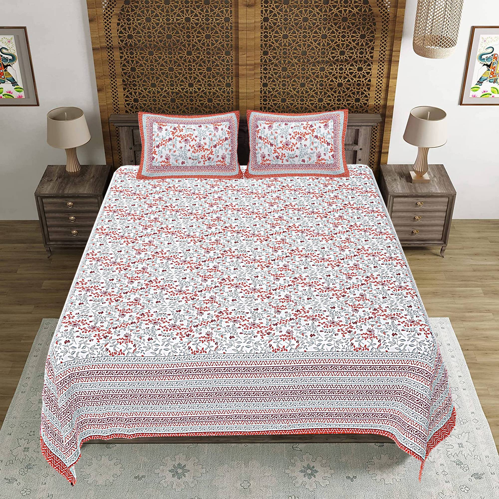 Rudra Bazaar Orange 210 TC Cotton Double King Bedsheet With 2 Pillow Covers | Grocsy