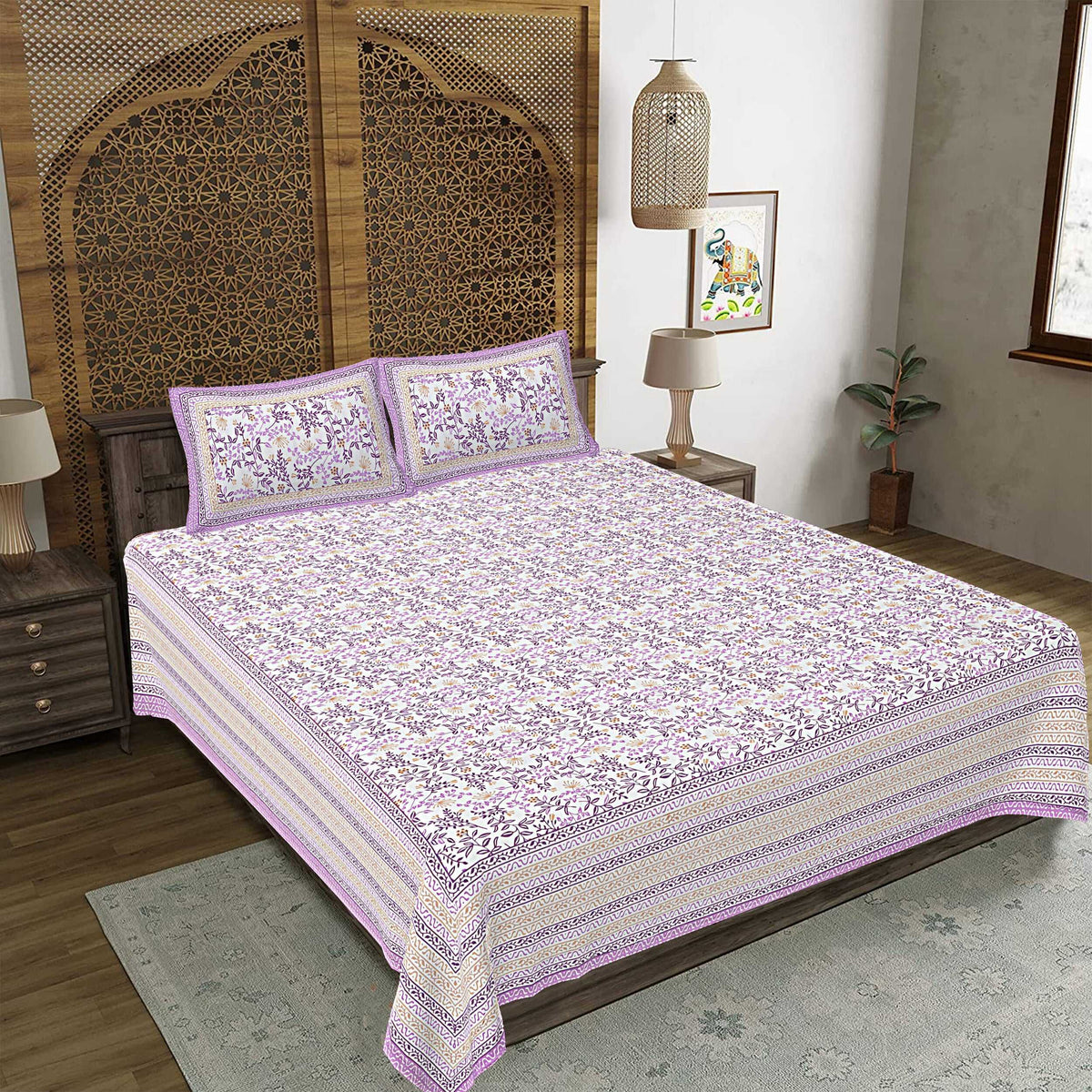 Rudra Bazaar Purple 210 TC Cotton Double King Bedsheet With 2 Pillow Covers | Grocsy