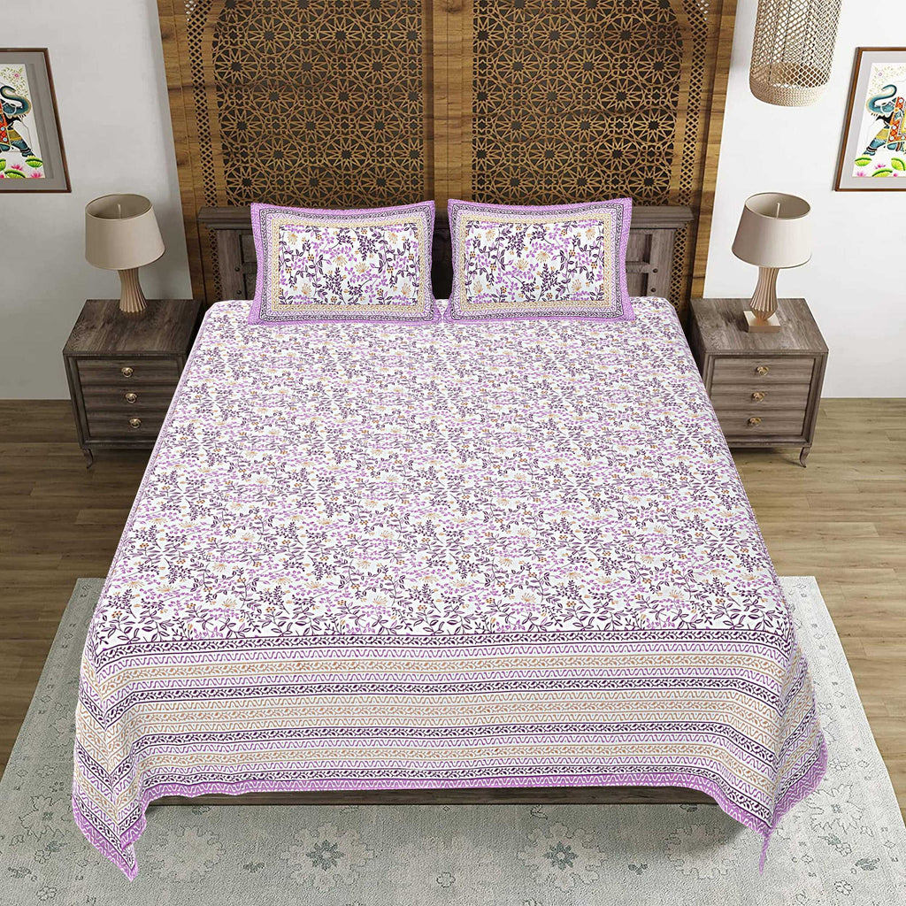 Rudra Bazaar Purple 210 TC Cotton Double King Bedsheet With 2 Pillow Covers | Grocsy