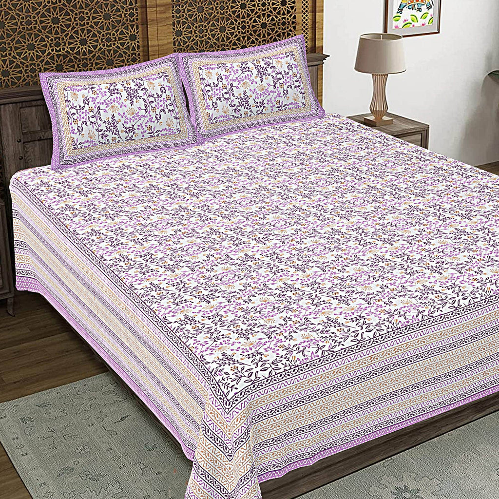 Rudra Bazaar Purple 210 TC Cotton Double King Bedsheet With 2 Pillow Covers | Grocsy