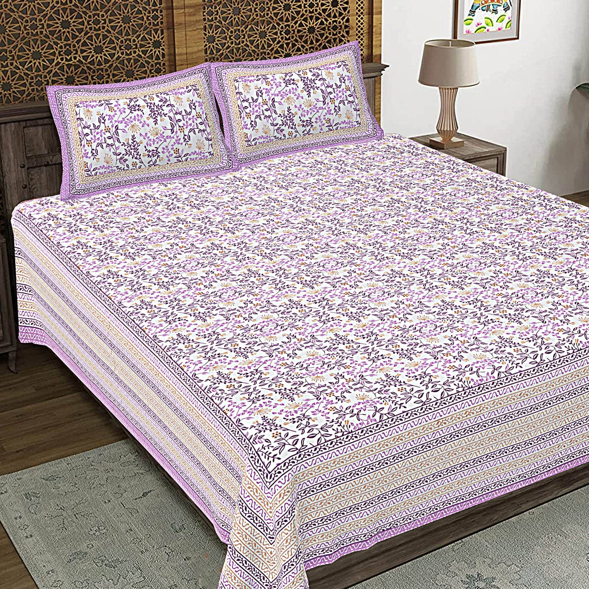 Rudra Bazaar Purple 210 TC Cotton Double King Bedsheet With 2 Pillow Covers | Grocsy