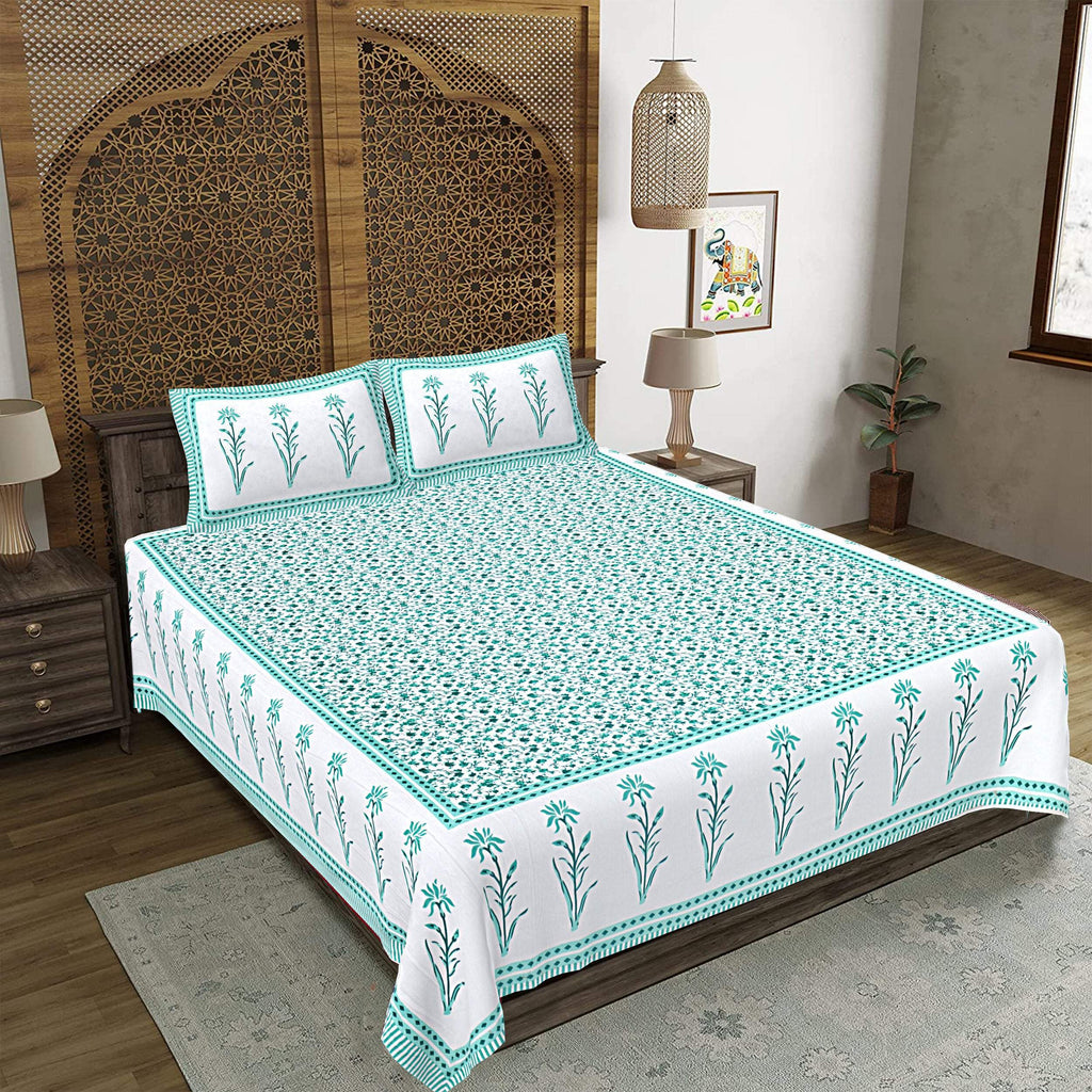 Rudra Bazaar Sea Green 210 TC Cotton Double King Bedsheet With 2 Pillow Covers | Grocsy